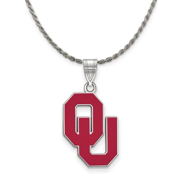 Sterling Silver U. of Oklahoma Large Enamel Pendant Necklace - 26 Inch